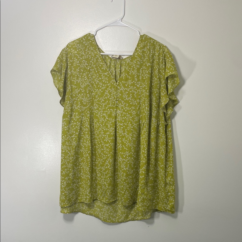 Cynthia Rowley Green Floral Flutter Sleeve Blouse 3X
